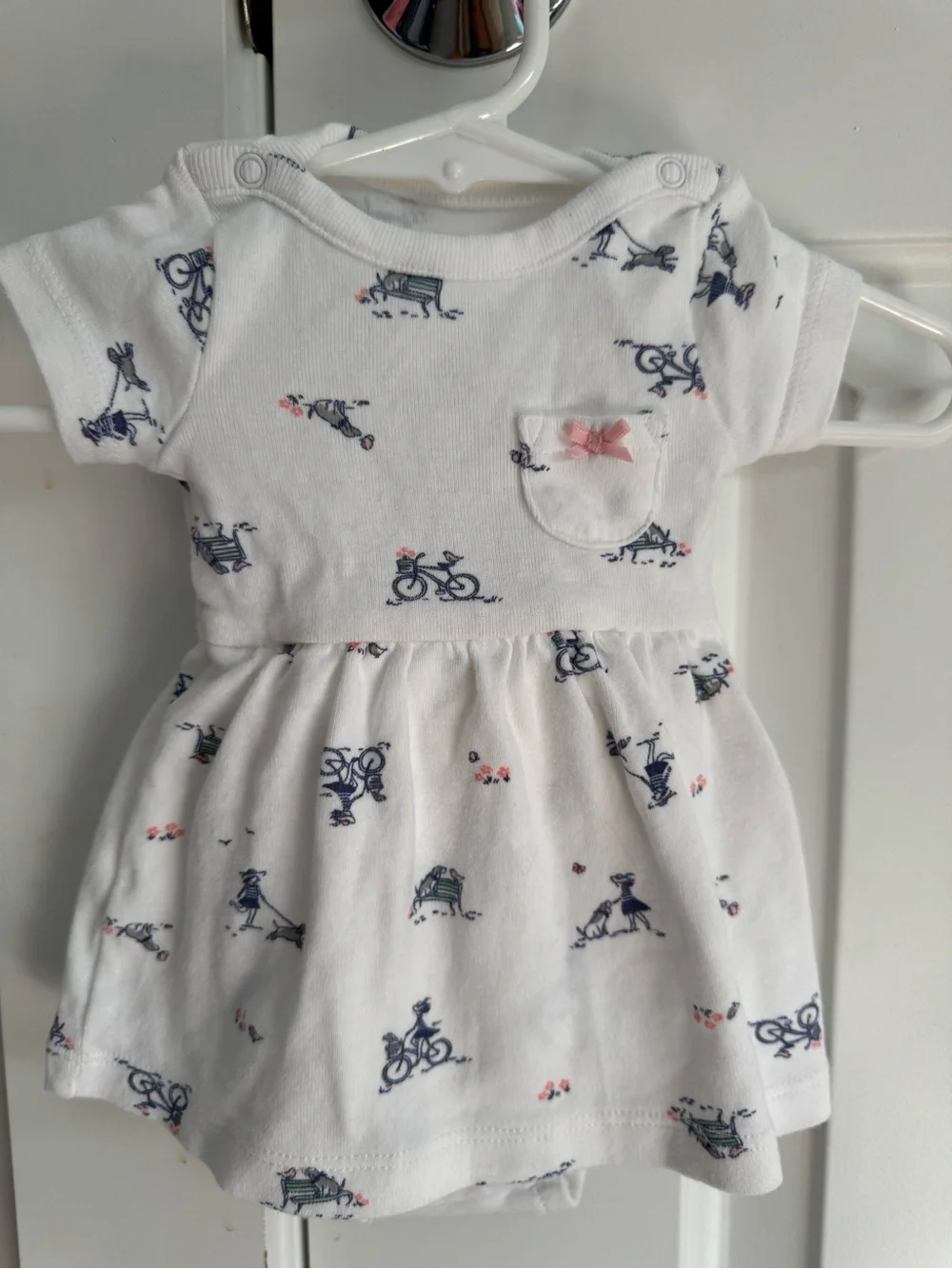 NB baby girl Casual Bicycle Print Dress with Pink Bow